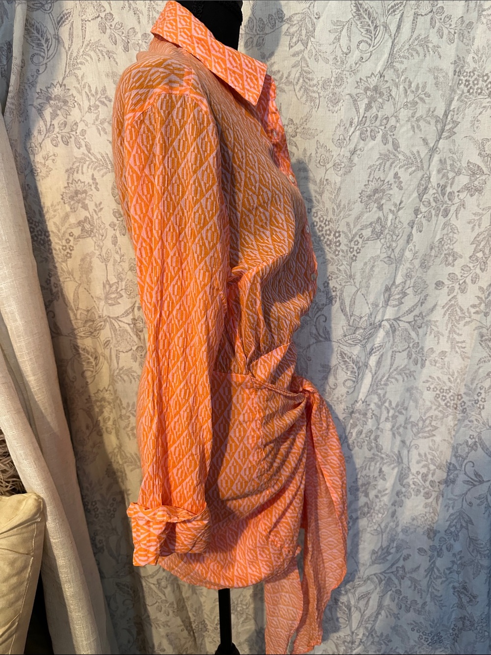 Free People Orange Printed Long-Sleeve Tie-Front Shirt Dress - Picture 3 of 7
